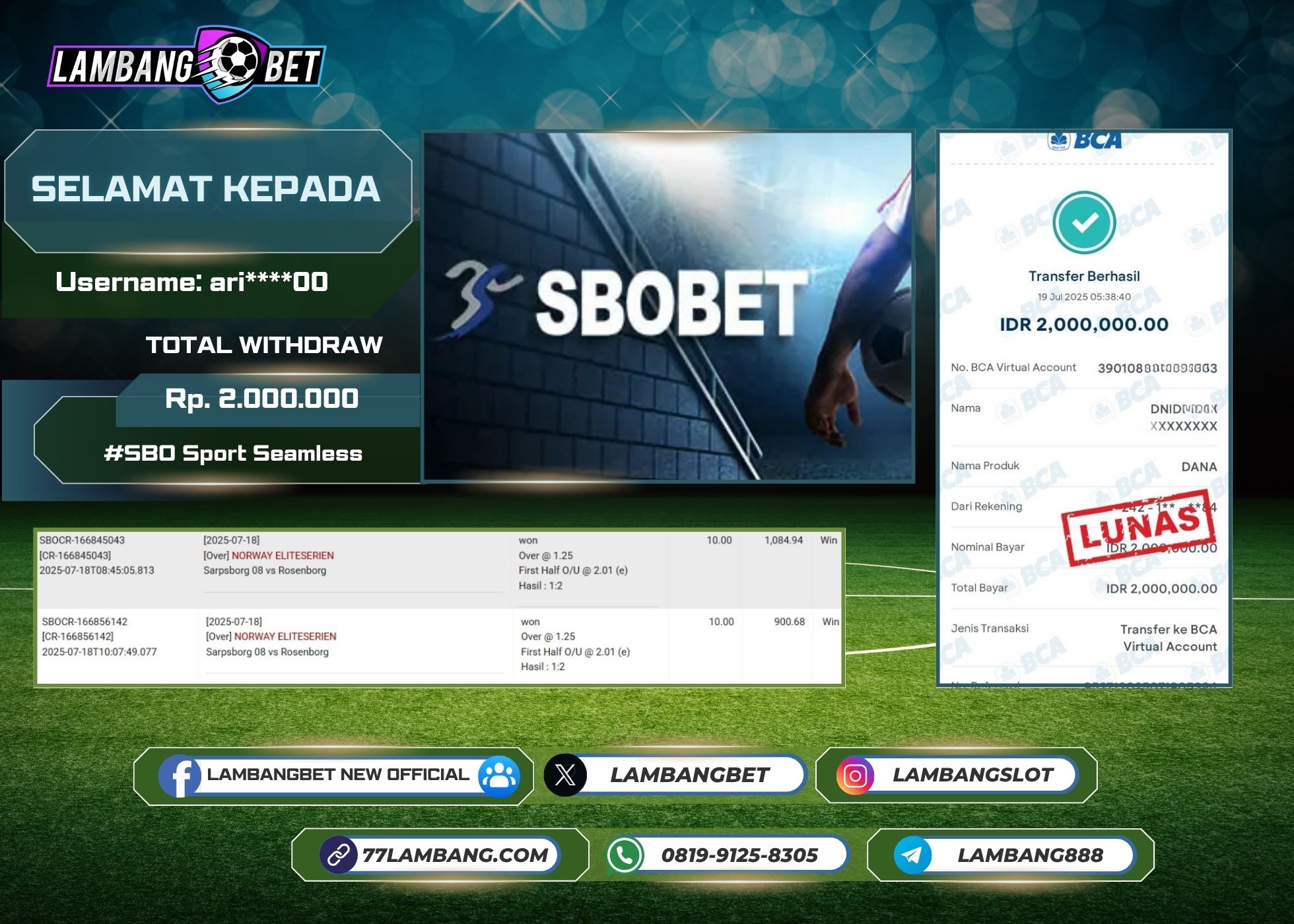 LAMBANGBET [19 JULY 2025] JACKPOT SBO Sport Seamless "Rp2.000.000" LUNAS